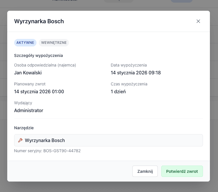 Szczegóły wypożyczenia narzędzia