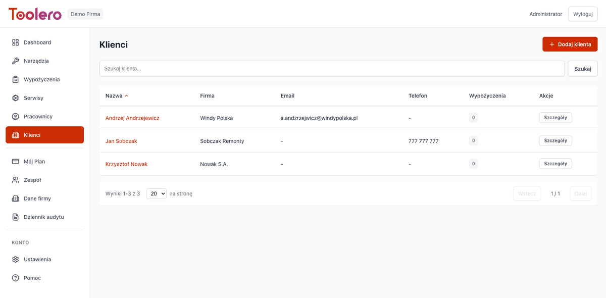 Customer management panel in Toolero - list of customers and contractors