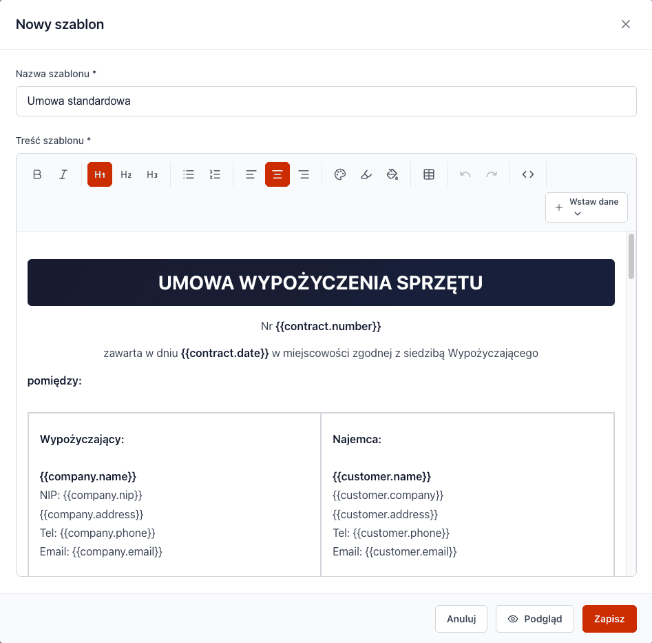 Szablon umowy wypożyczenia z podpisem elektronicznym
