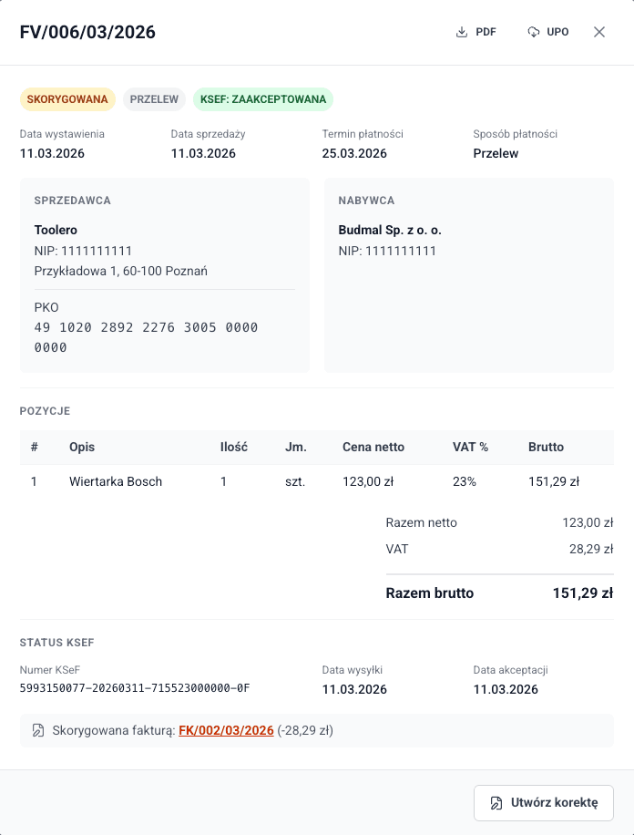 Szczegóły faktury z integracją KSeF