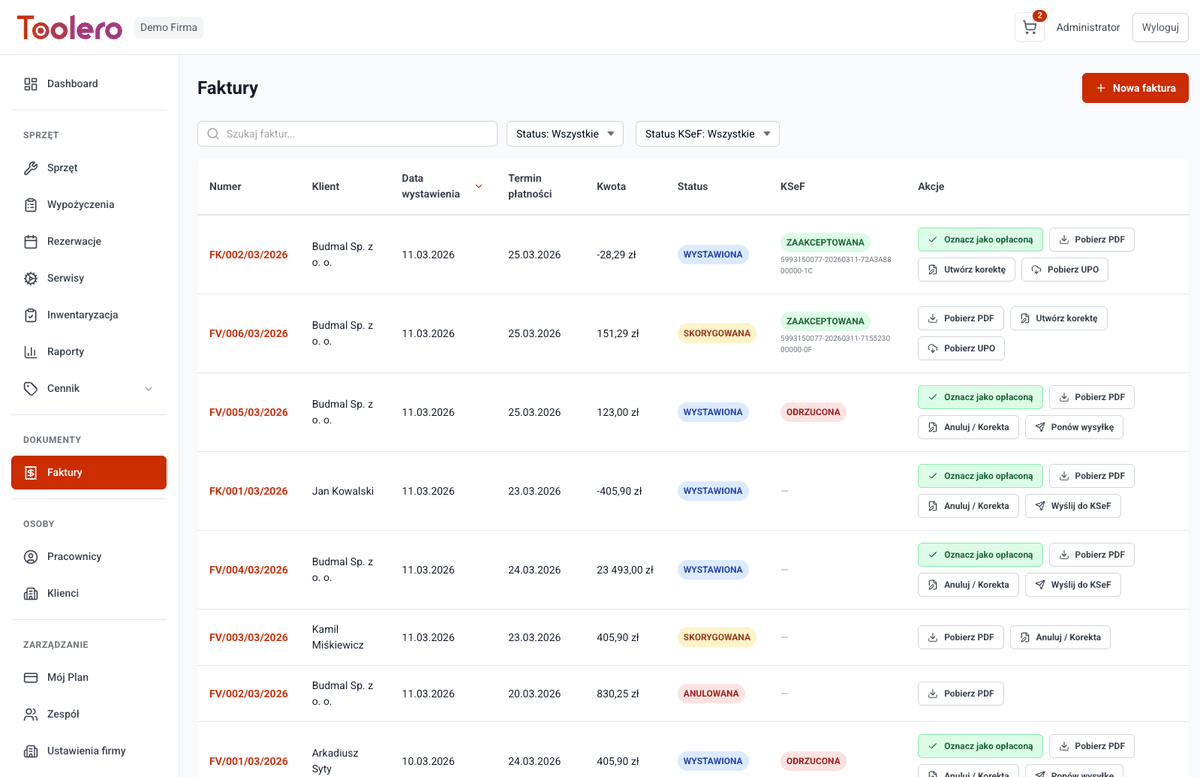 Panel faktur z integracją KSeF w Toolero