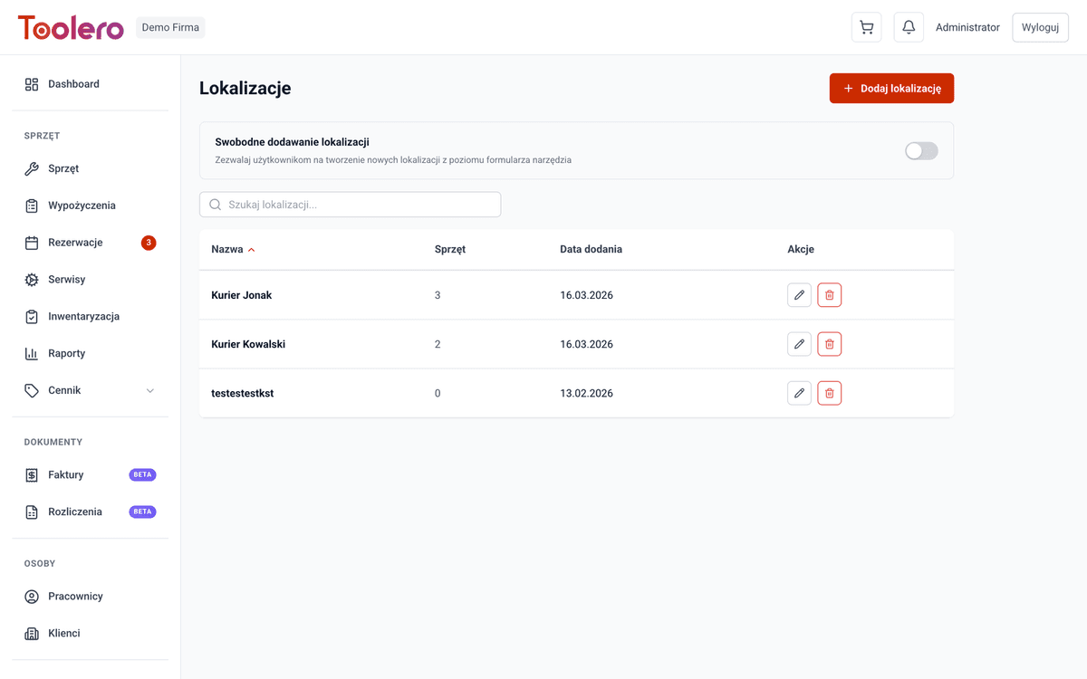 Managing equipment locations and warehouses in Toolero