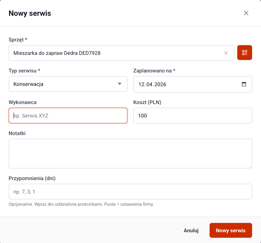 Kalendarz serwisów z listą nadchodzących przeglądów