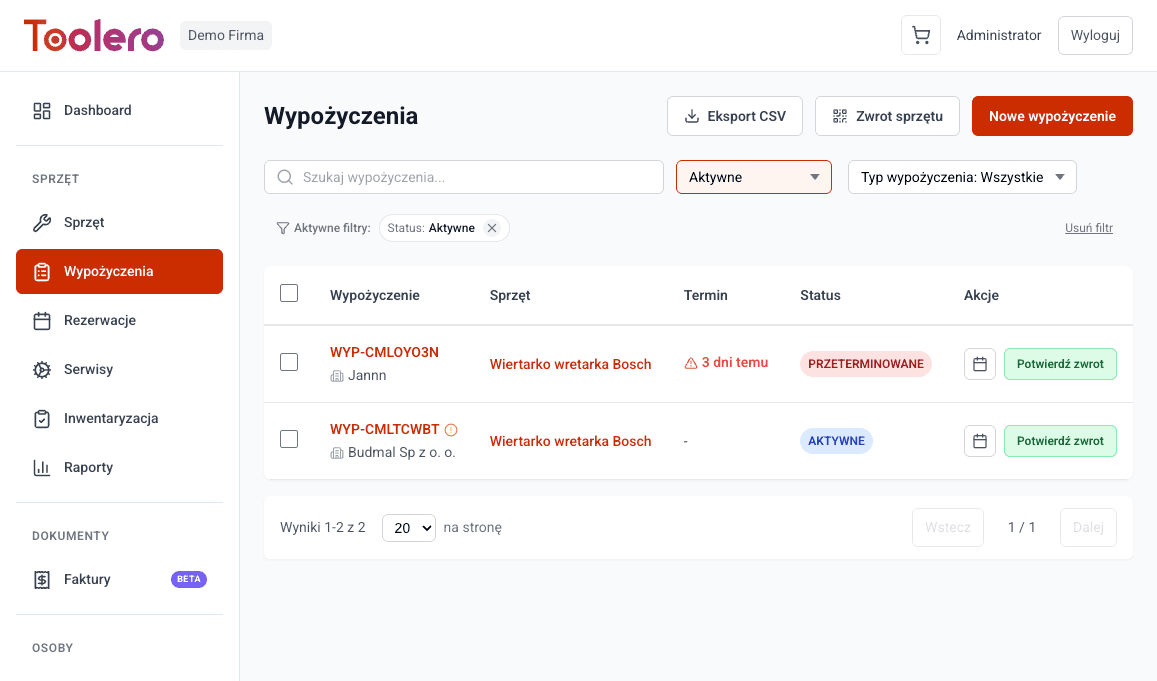 System wydawania sprzętu pracownikom w Toolero