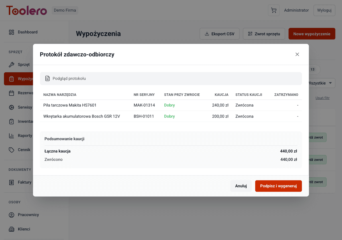 Protokół zwrotu sprzętu z notatkami w Toolero