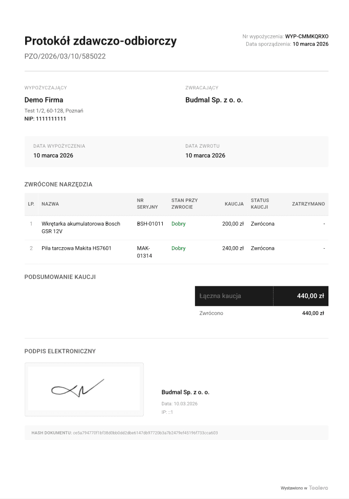 Szczegóły protokołu zwrotu z dokumentacją stanu sprzętu