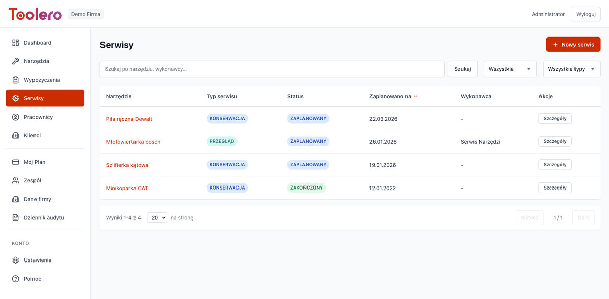 Tool service management panel in Toolero - list of inspections and maintenance