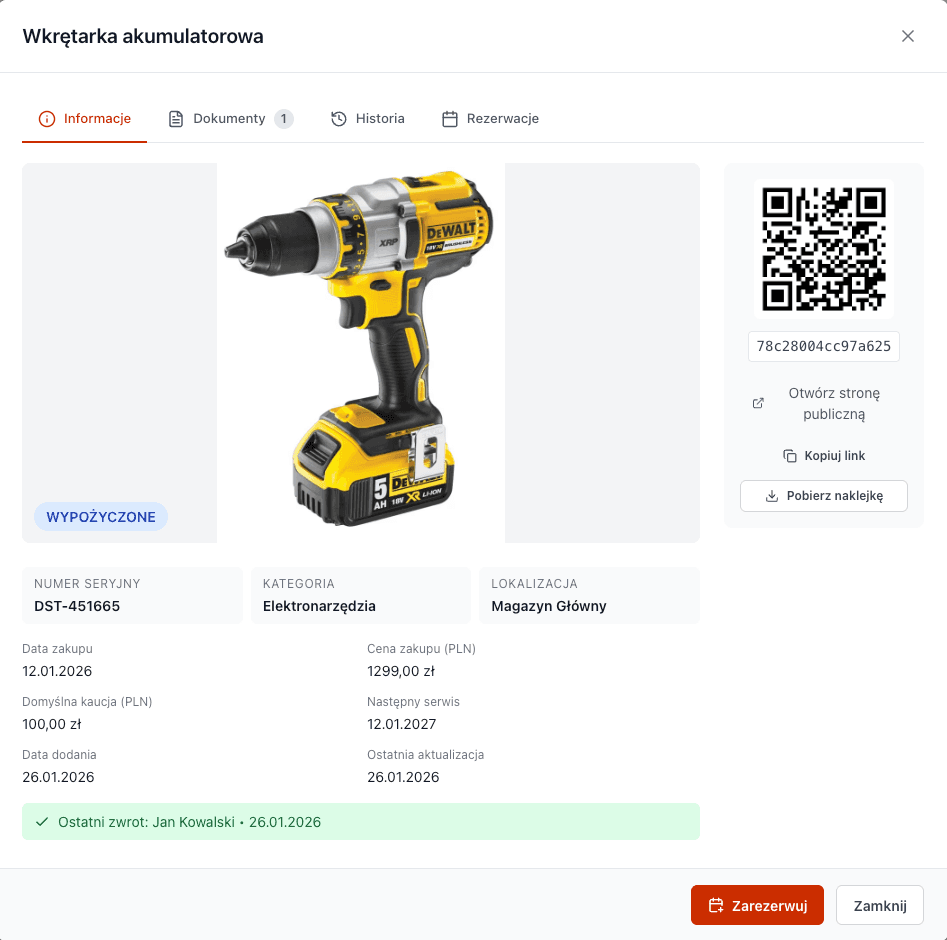 Ekran telefonu po zeskanowaniu kodu QR - szczegóły narzędzia, status i historia w Toolero