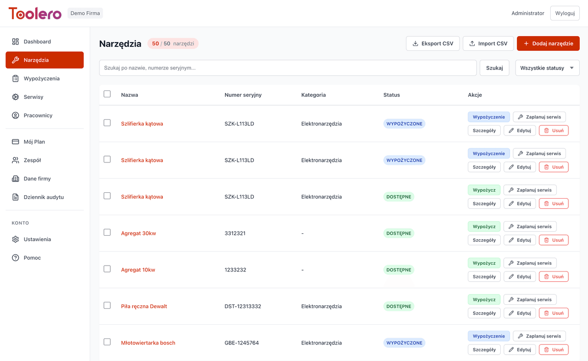 Toolero - Panel kontroli narzędzi z kodami QR