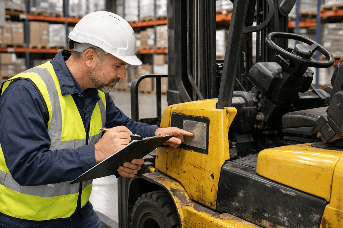 Inspektor UDT sprawdza tabliczkę znamionową wózka widłowego w magazynie