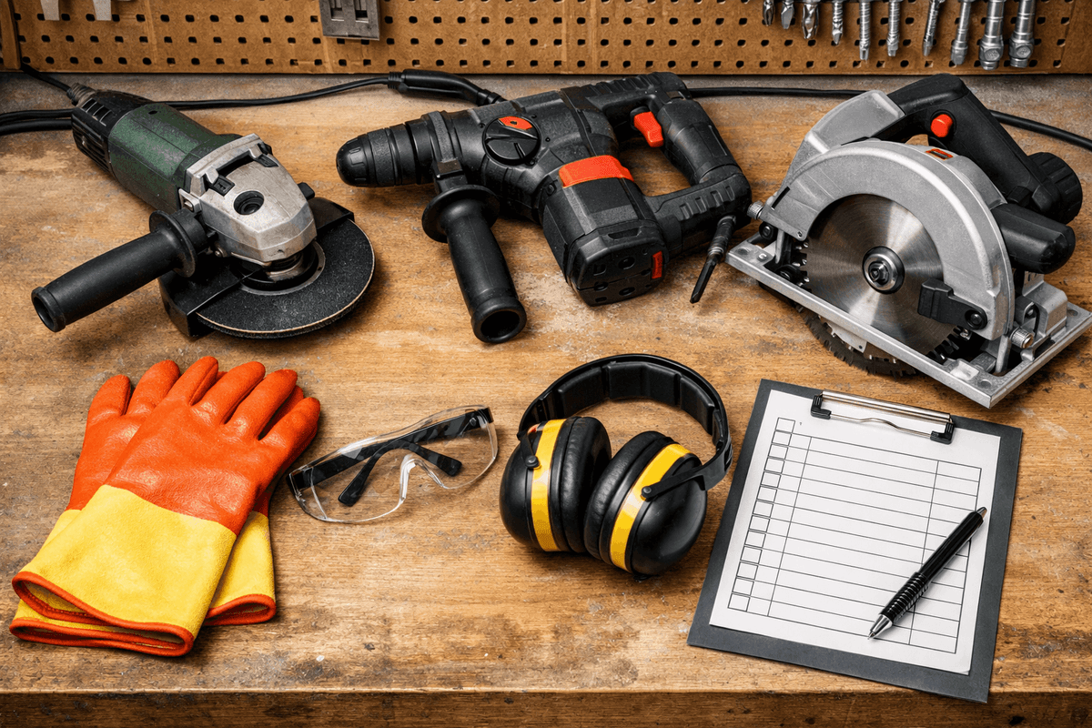 Pracownik w środkach ochrony indywidualnej pracujący z elektronarzędziem