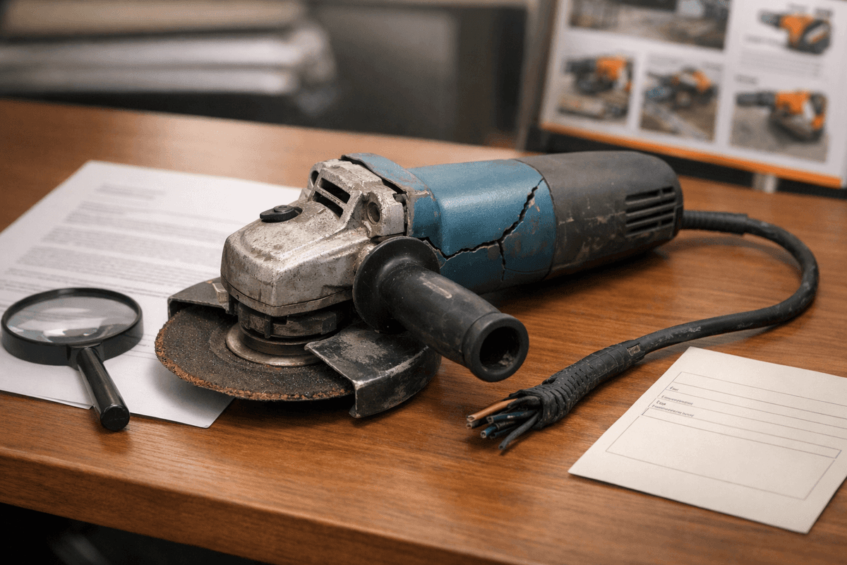 Uszkodzone narzędzie budowlane i dokumenty reklamacyjne