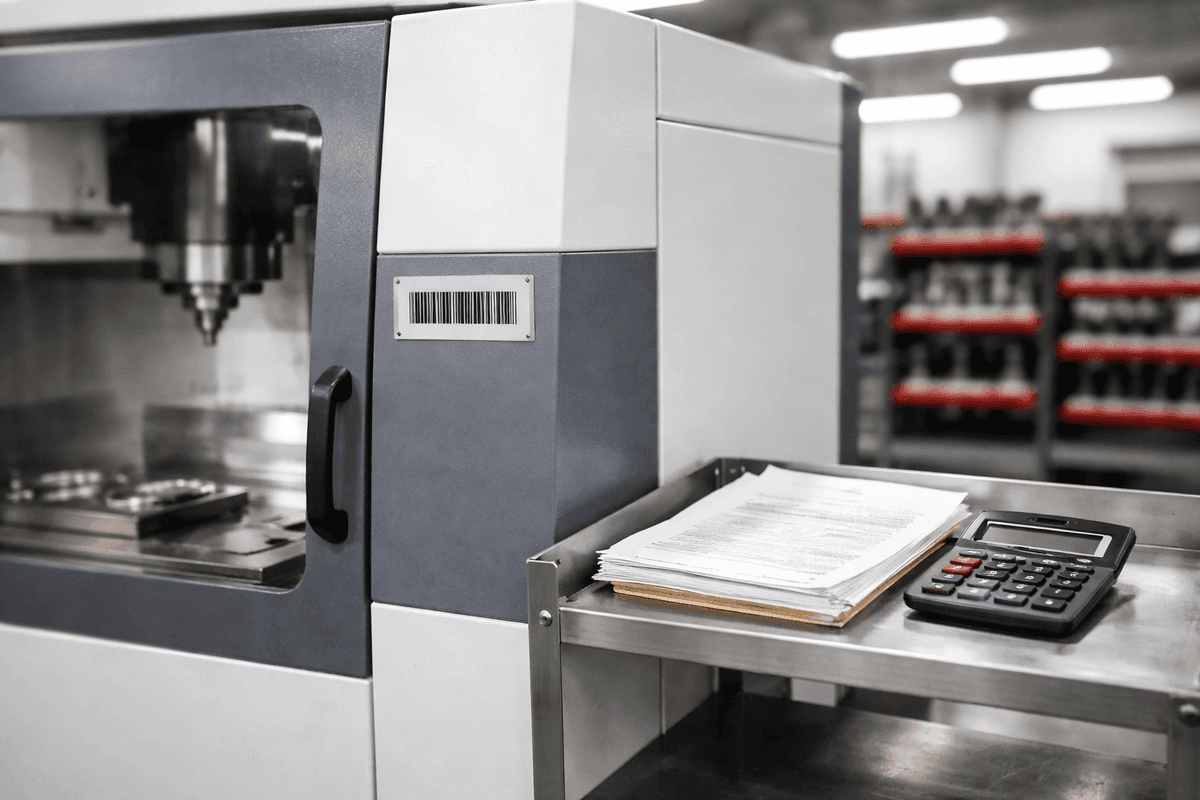 Maszyny produkcyjne w hali fabrycznej z oznaczeniami inwentaryzacyjnymi