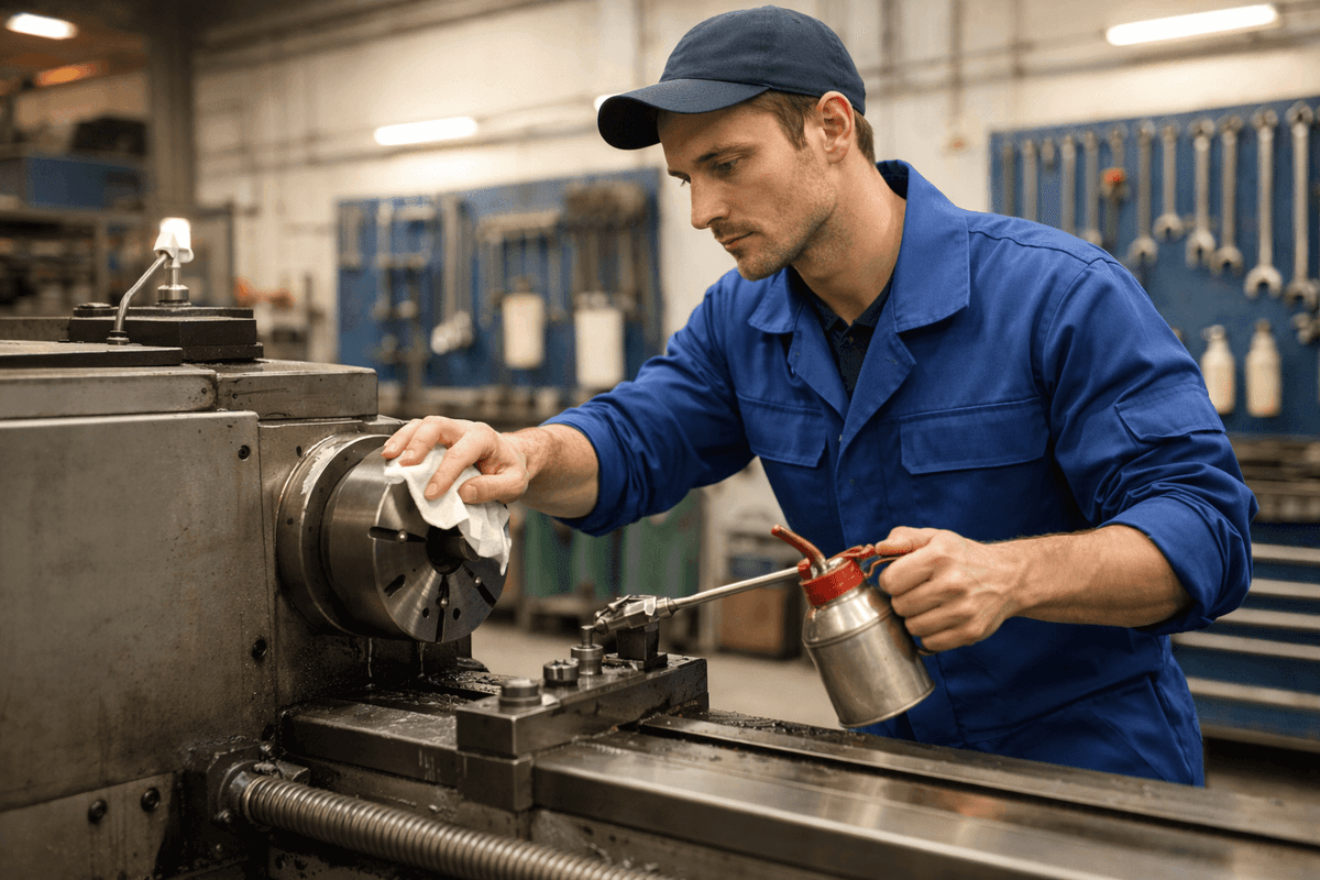 Operator maszyny produkcyjnej wykonujący samodzielny przegląd w ramach TPM