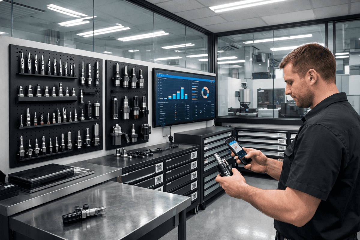 Nowoczesna narzędziownia w zakładzie produkcyjnym z systemem kodów QR