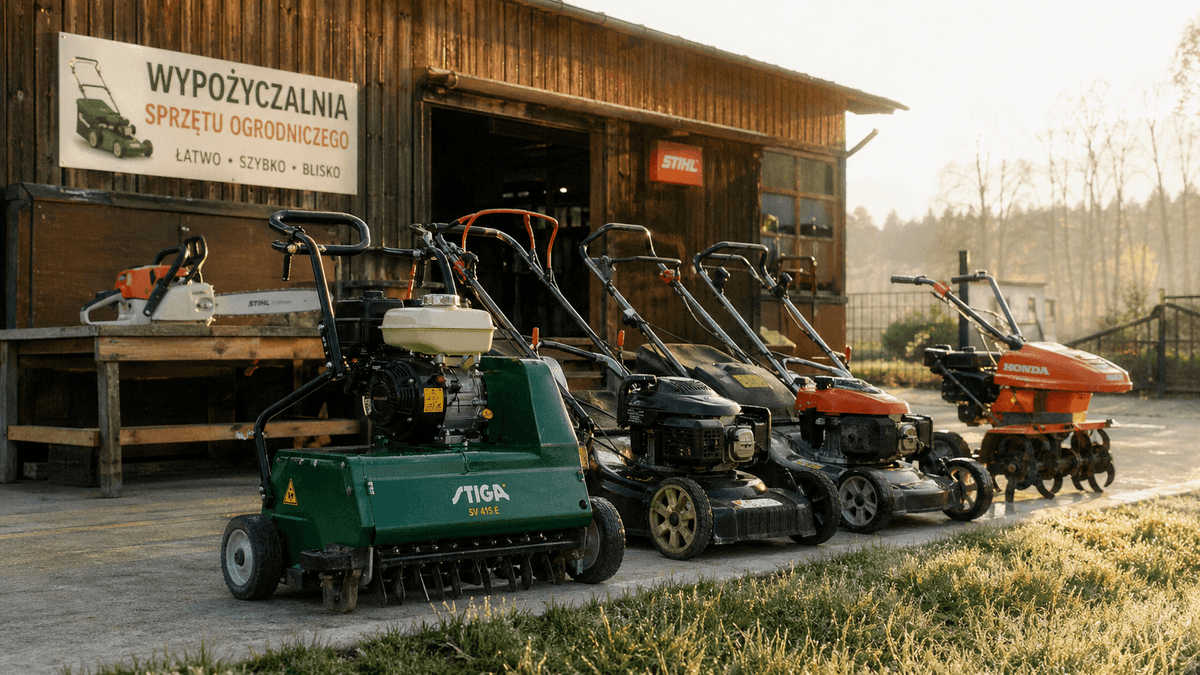 Garden equipment rental shop ready for spring — mowers, aerators, rotovators lined up at sunrise
