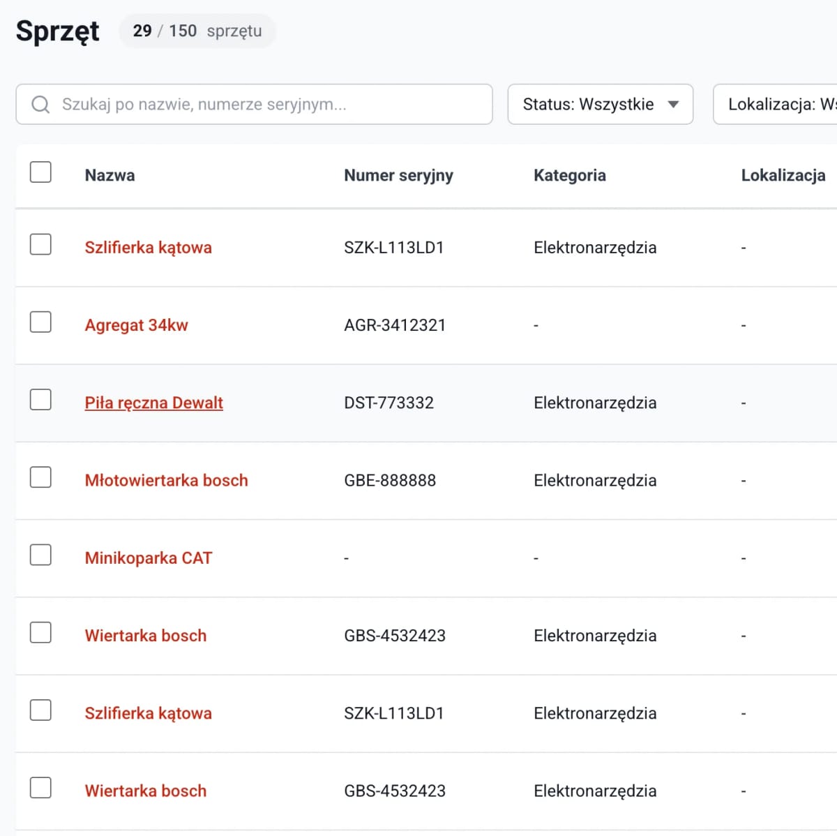 Toolero tool list with serial numbers, categories and statuses