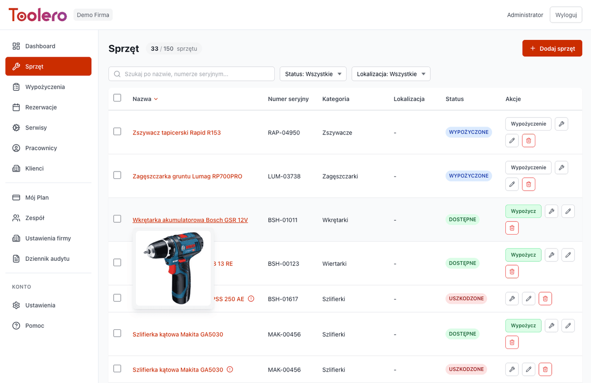 Toolero tool list with serial numbers, statuses and assigned employees