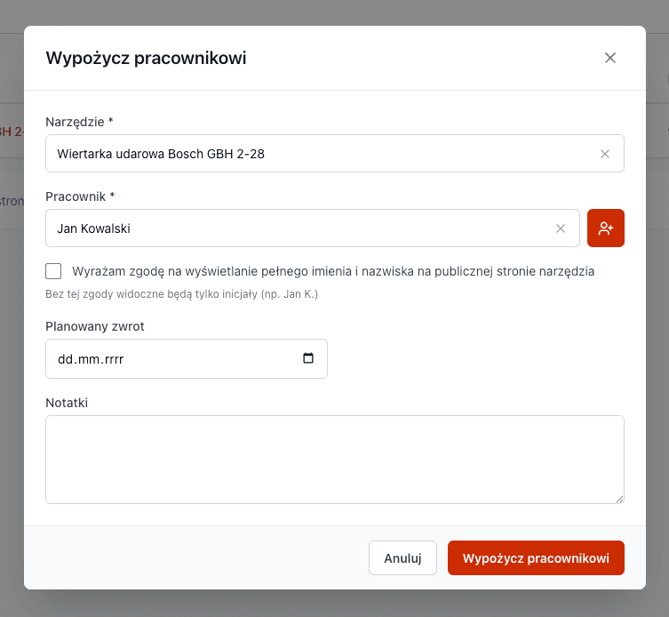 Equipment checkout form in Toolero