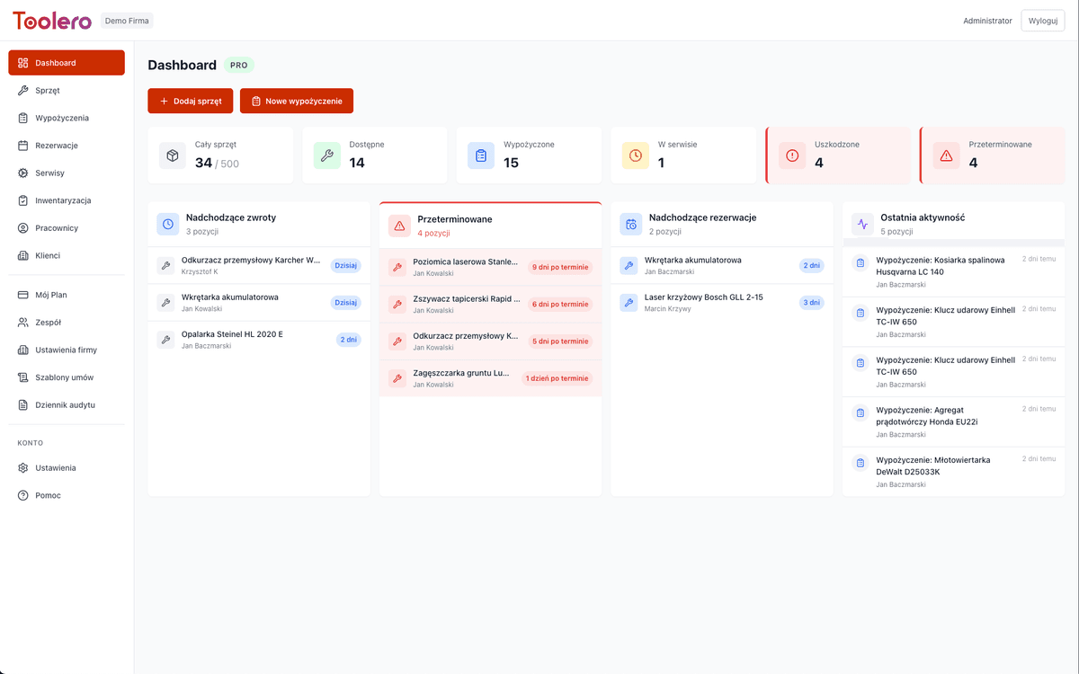 Toolero dashboard for manufacturing tool management - equipment list with QR codes