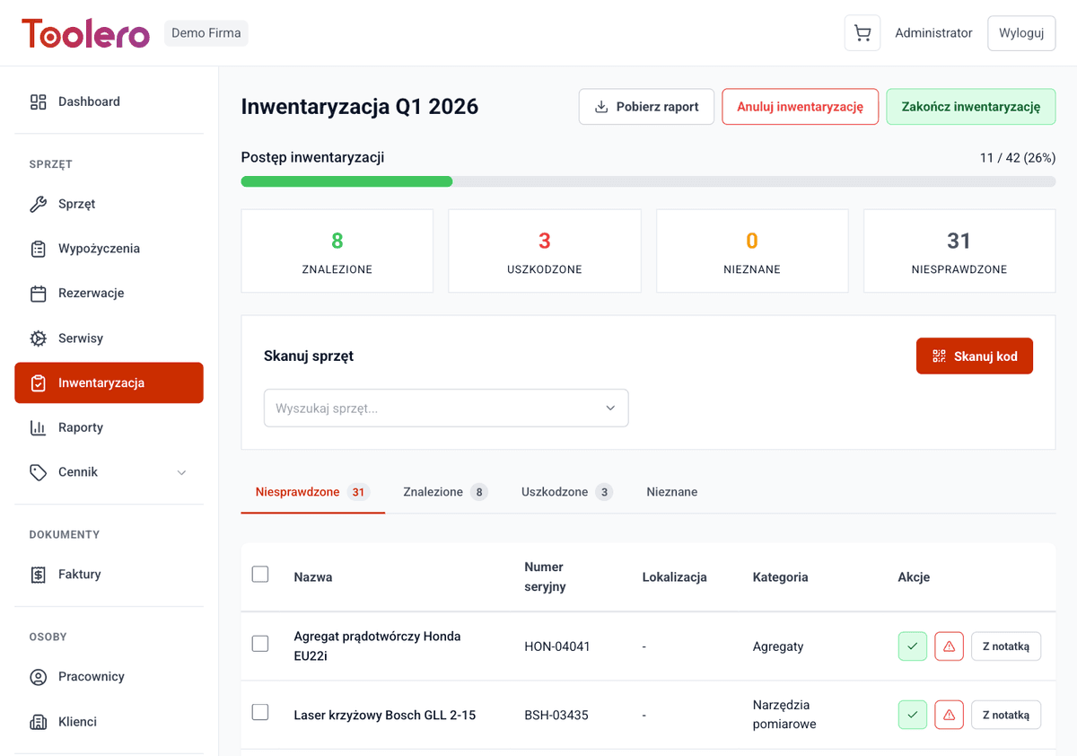 Panel inwentaryzacji sprzętu w Toolero