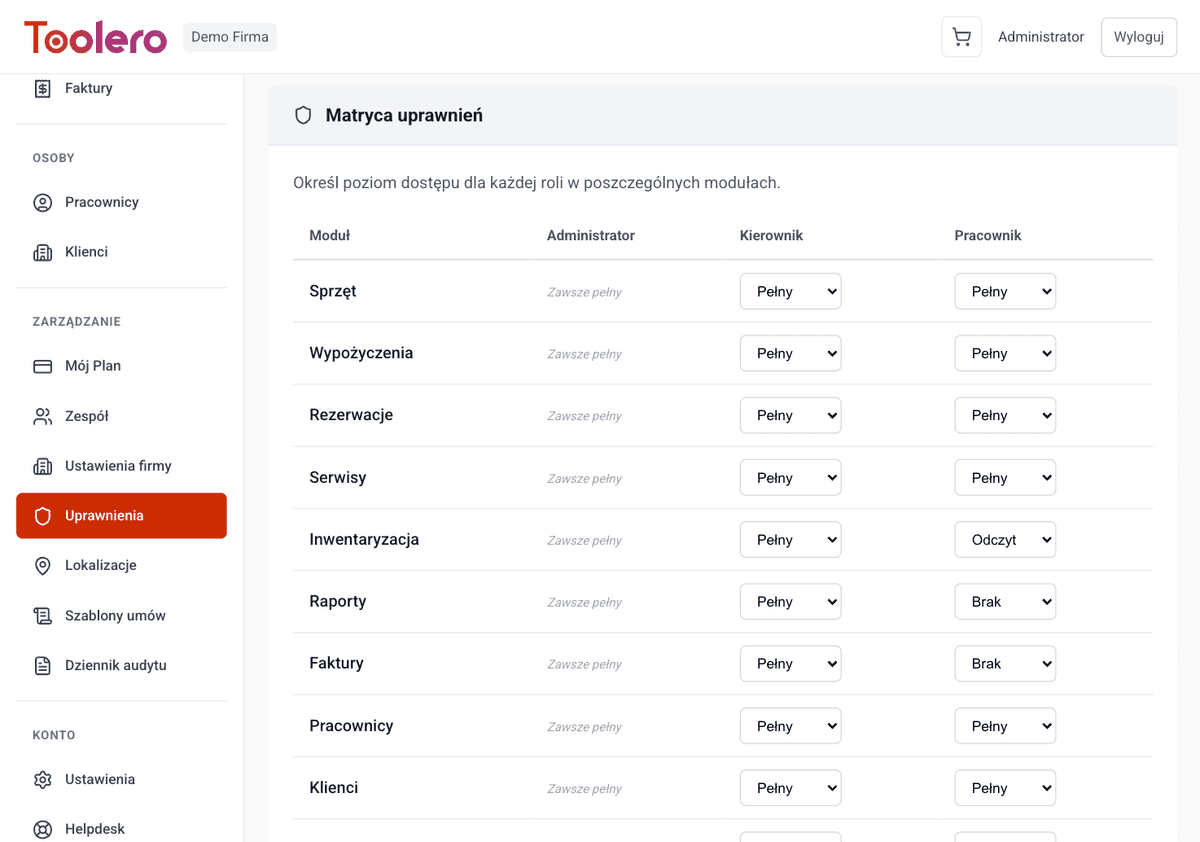 Roles and permissions configuration in Toolero