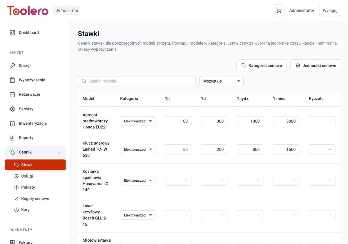 Konfiguracja cennika wypożyczalni w Toolero