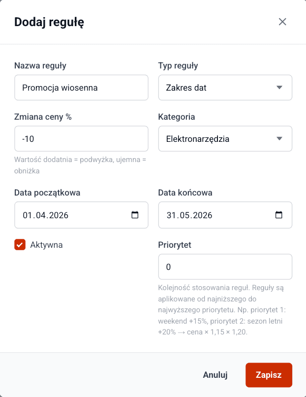 Konfiguracja kategorii cennikowych i stawek