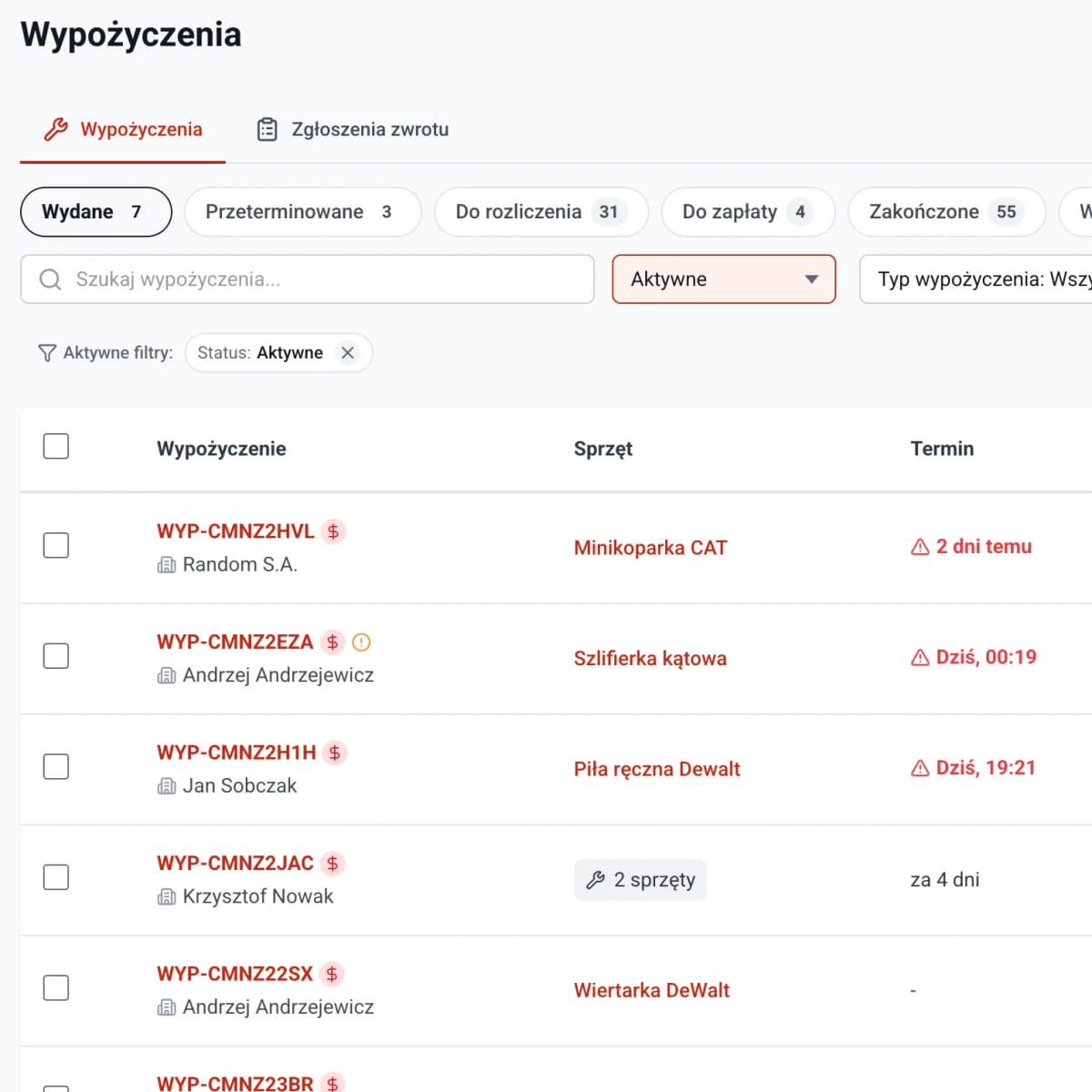 Toolero panel with equipment at customer sites and statuses