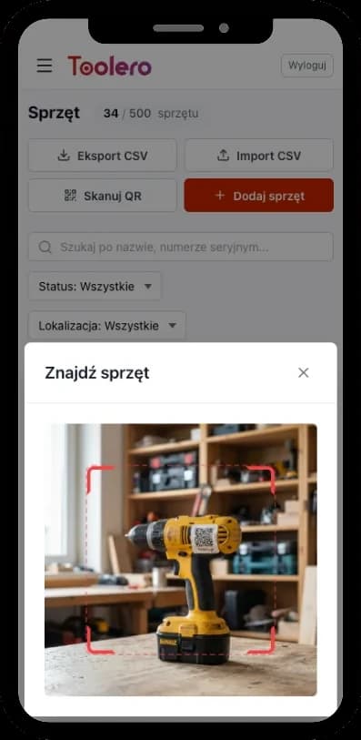 Skanowanie kodu QR na sprzęcie w aplikacji Toolero