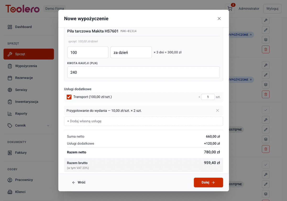 Panel rozliczeń wypożyczeń w Toolero