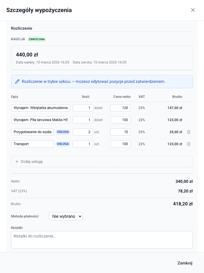 Szczegóły rozliczenia wypożyczenia z kalkulacją kosztów
