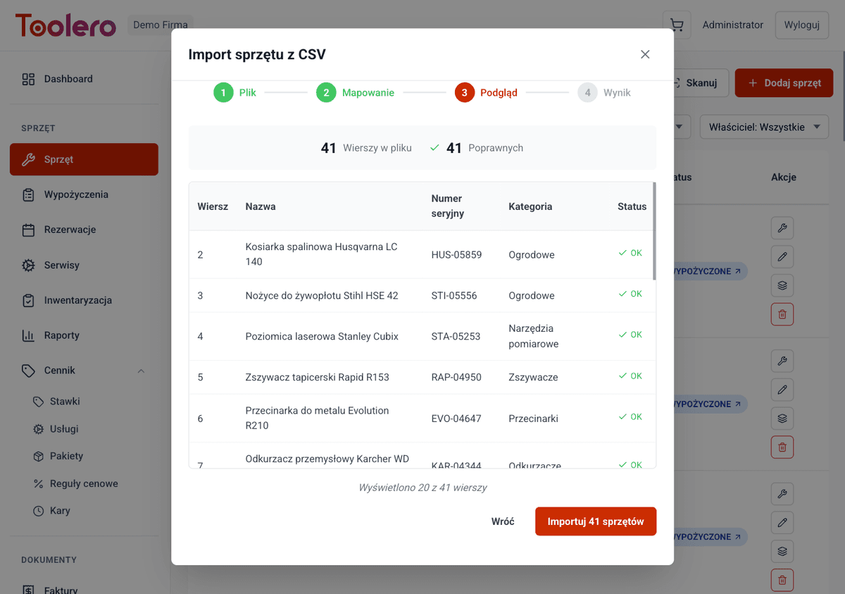 CSV data import and export in Toolero