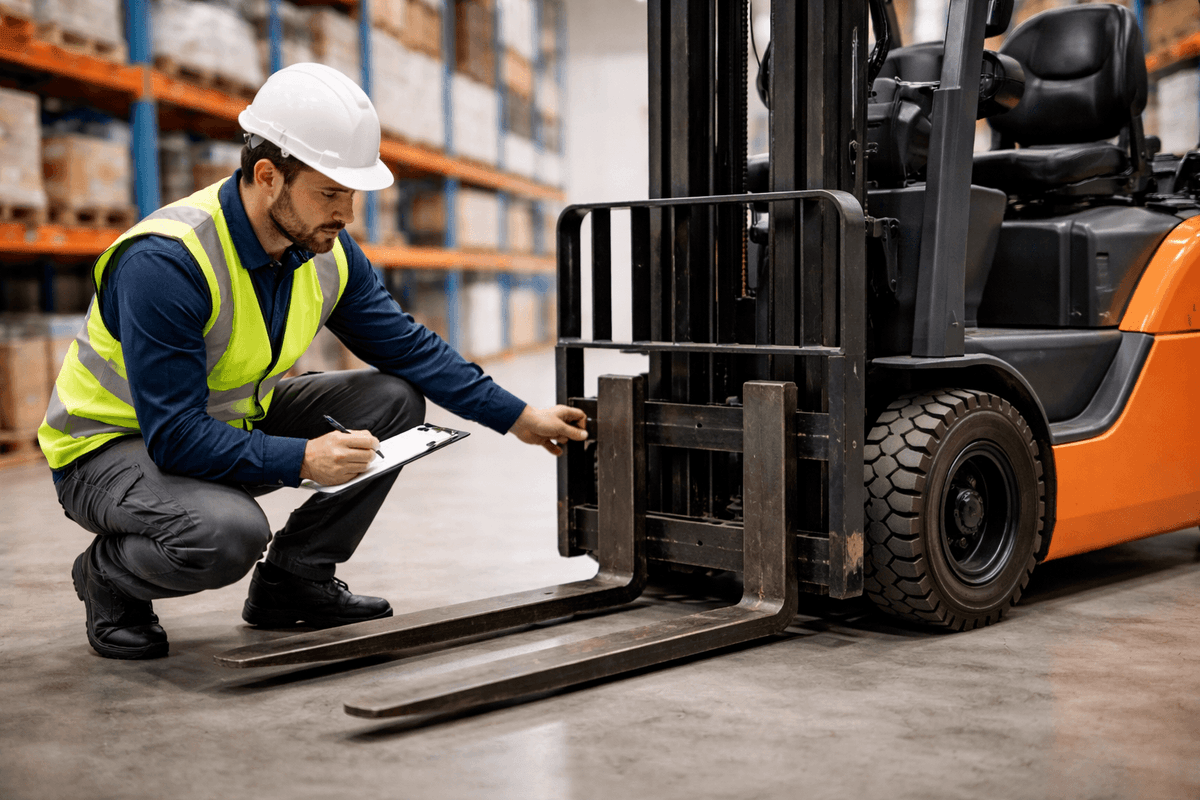Operator w kamizelce odblaskowej sprawdza wózek widłowy przed rozpoczęciem pracy w magazynie