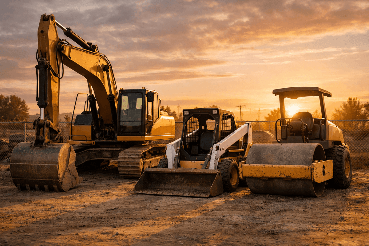 Row of construction equipment parked in a fenced equipment yard at sunset