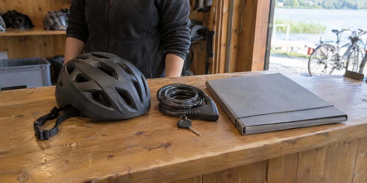 Kask, zapięcie i teczka z dokumentami na ladzie wypożyczalni rowerów przed wydaniem sprzętu