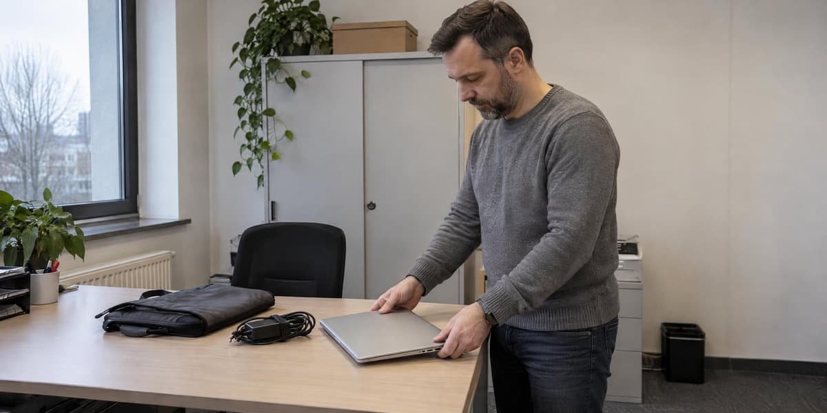 Pracownik oddaje w dziale IT służbowy laptop z zasilaczem do spisu sprzętu