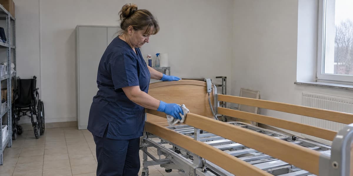 Pracownica wypożyczalni dezynfekuje barierkę zwróconego łóżka rehabilitacyjnego przed wydaniem kolejnemu pacjentowi