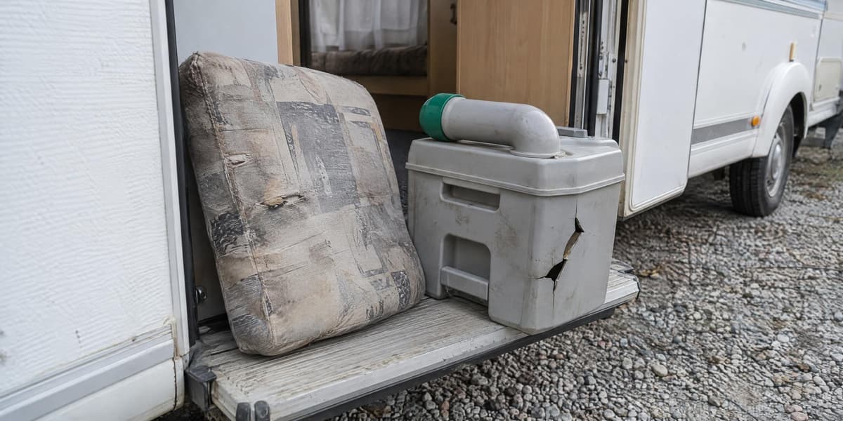 Wytarta poduszka i pęknięta kaseta toalety na stopniu przyczepy - zużycie obok szkody